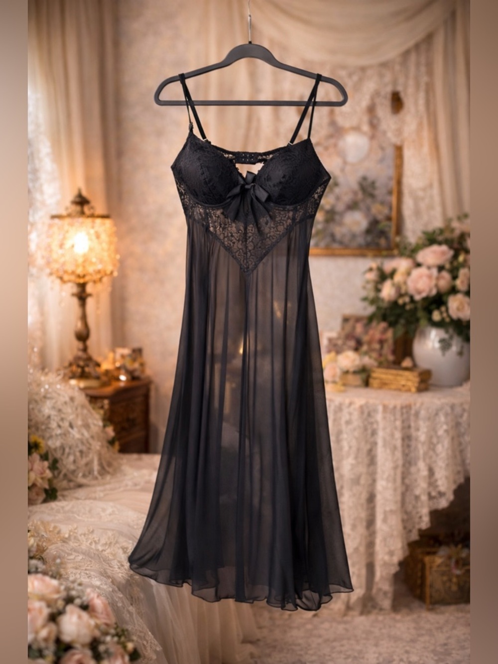 MAGIC SILK Exposed Long Black Sheer Lace Lingerie Gown – Sensual Mesh Size L - Picture 2 of 15